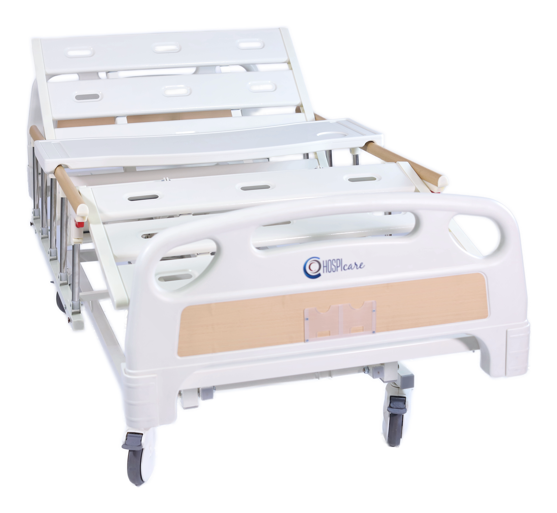 HOSPIcare CareLuxe three-function care bed with wood-finish head and foot boards